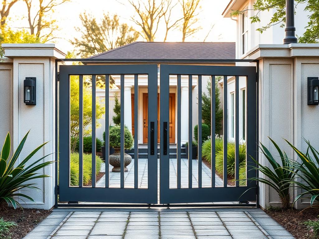 Lüks villa girişinde çift kanatlı otomatik bahçe kapısı